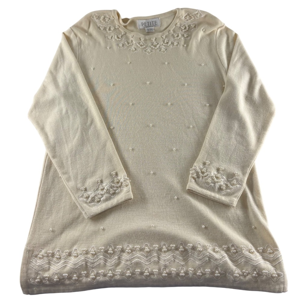 Petite Sophisticate Ivory Wool Blend Faux Pearl Embroidered Knit Sweater Large